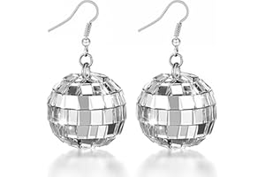 CNTVO Disco Ball Earrings for Women - Sparkle Silver Mirrorball Acrylic Dangle Earrings, Perfect with 70s Disco Outfits for Women, 80s Costume Party & Dance Accessories