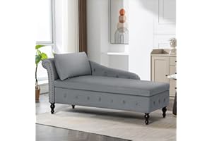 ACMEASE Upholstered Chaise Lounge with Left Armrest & Lumbar Pillow,Button Tufted Lounge Sofa with Storage,Lounge Chair Indoor,Modern Velvet Lounge Chair for Bedroom, Living Room and Office,Grey