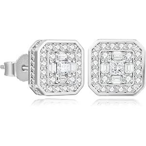 KRKC&CO Earrings Stud for Men, Sterling Silver Square Earrings | Hypoallergenic 14K/White Gold Plated Cubic Zirconia Iced Stu