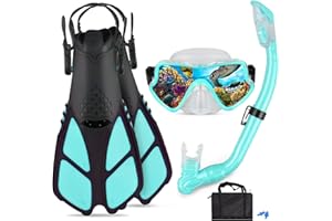 AosDero Kids Snorkeling Set - Adjustable Flippers + Panoramic Snorkel Mask + Dry Snorkel Tube + Travel Bags - Suitable for Kids & Juniors, Age 5-14