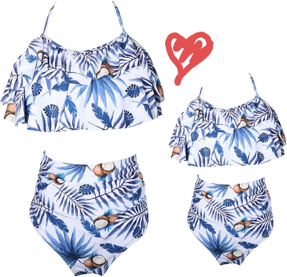 2Pcs Mommy and Me Matching Family Swimsuit Ruffle Women Swimwear Kids Children Toddler Bikini Bathing Suit Beachwear Sets