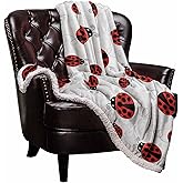 Ladybug Sherpa Fleece Luxury Blanket - Warm & Cozy Super Soft Reversible Throw, 40"x50", Red Ladybug on White Background