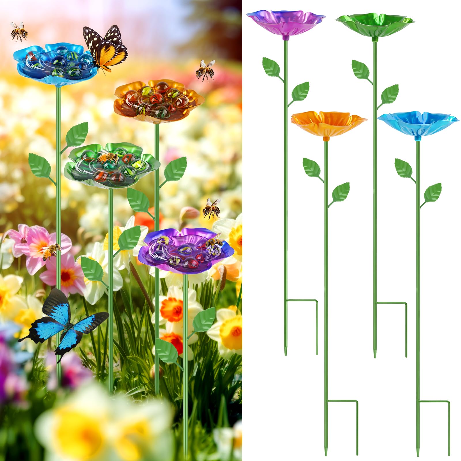 Photo 1 of 4 Pack Bee Watering Station, Metal Bee Feeder with Glass Marbles, Flower Shape Bee Butterfly Watering Station Bee Waterer for Outdoor Garden Courtyard Decor