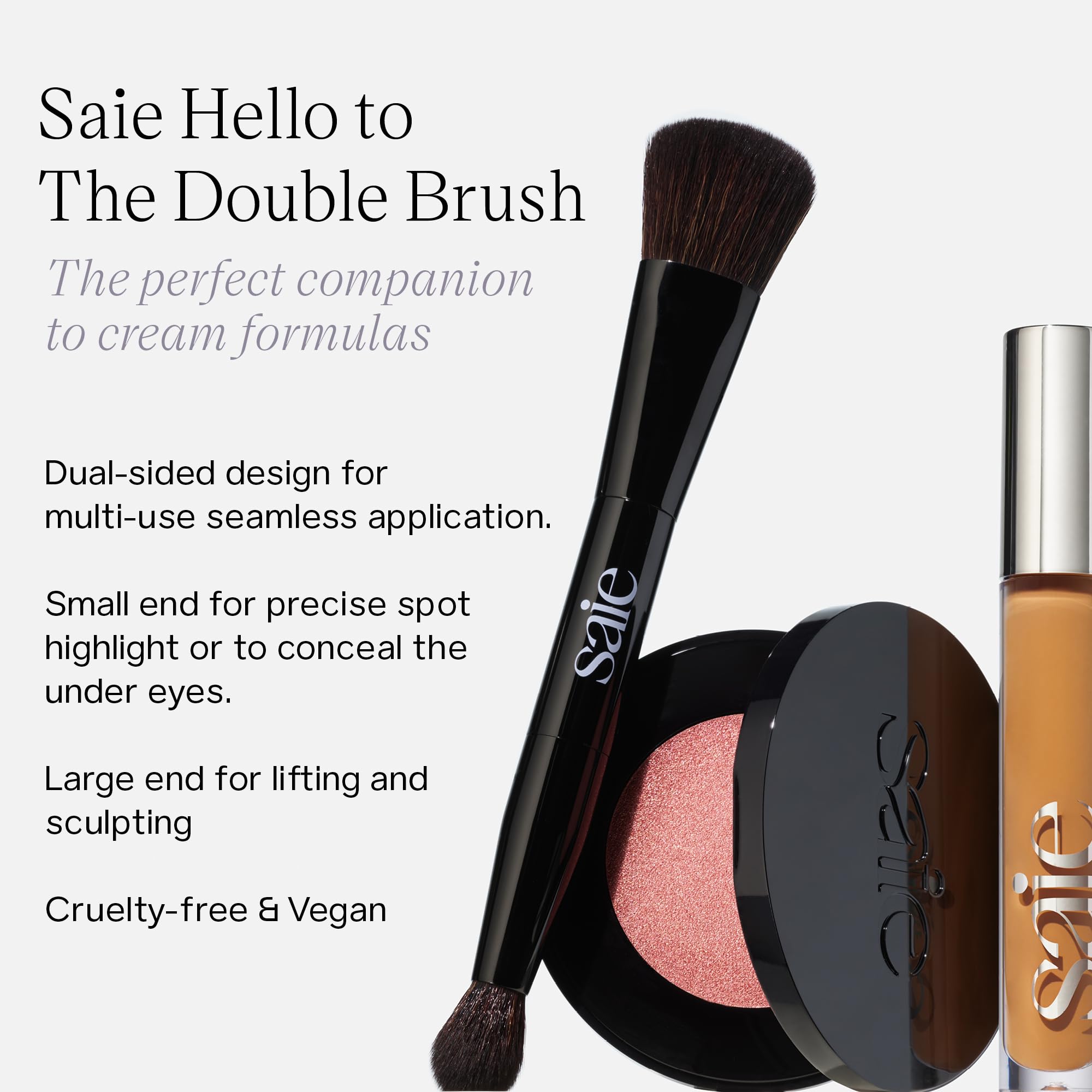 Saie The Double Brush - Dual Ended Makeup Brush For Powder and Cream Formulas - 2 Ultra-Soft Makeup Brushes in 1 for Precise + All-Over Application - Conceal, Highlight, and Sculpt - Vegan (1 Count)