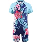 Girls Short Sleeve Rash Guard One Piece Swimsuits Zipper Front Bathing Suit Sun Protection 3-16 Years