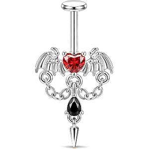 OUFER 16G Bat Hidden Helix Earring, Gothic Vertical Upper Ear Stud | Halloween Bat 7MM Vertical Helix Stud, Red Heart CZ, 316