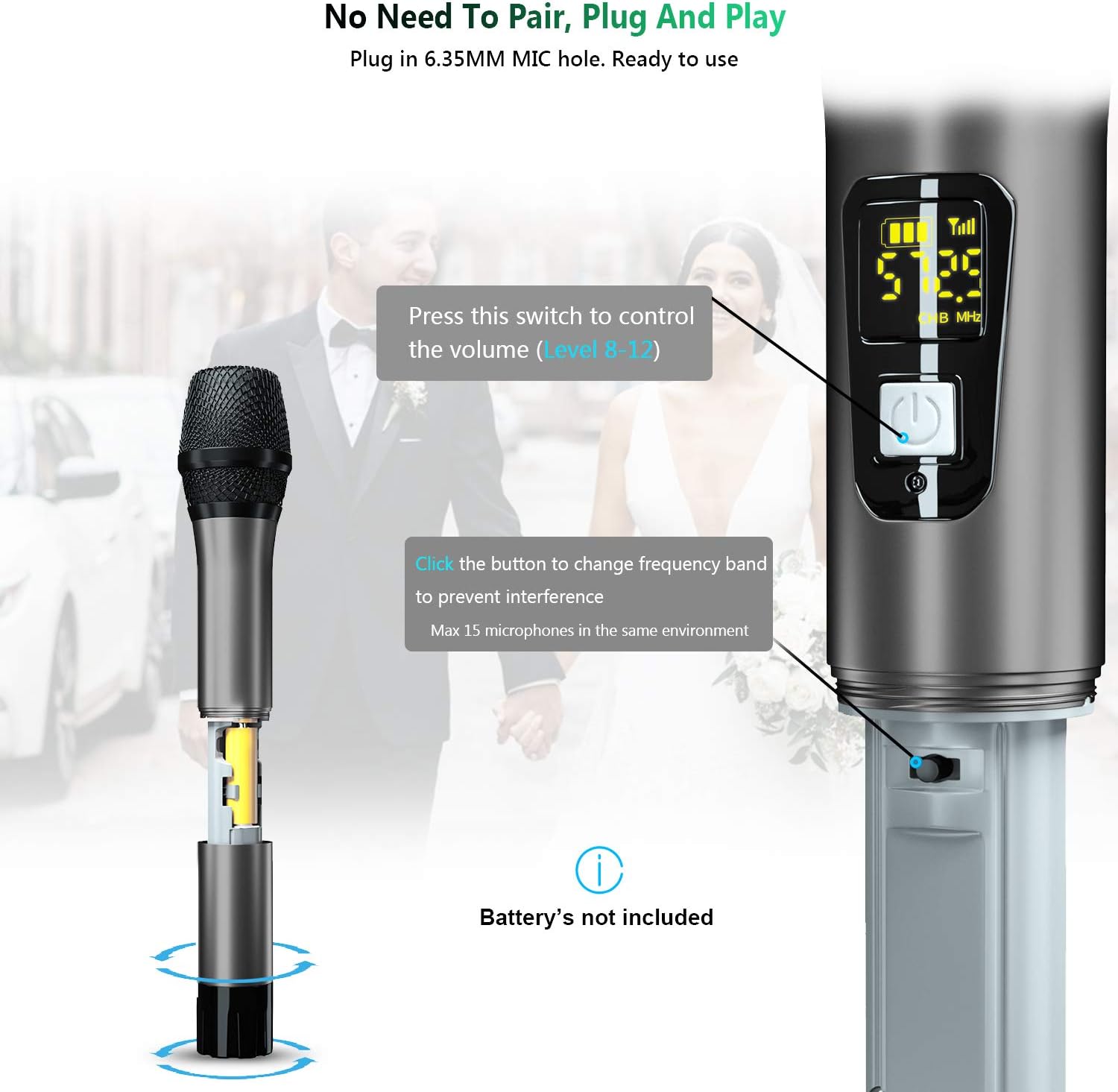 Wireless Microphone, UHF Metal Dynamic Handheld Karaoke Mic, Rechargeable Receiver (Work 6hs), 160ft Range, for Karaoke Machine, Singing, Stage, Speaker, Amplifier, Mixer, iPhone, Camera, Laptop: Electronics
