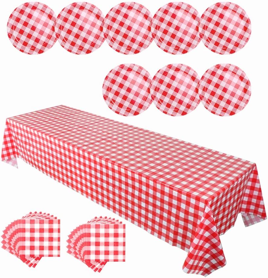 Aparty4u Disposable Tableware Sets - Plastic Tablecloths Paper Plates and Napkins, Red and White Checkered Tablecloths for Italian Dinner Outdoor Picnic Party Decorations (29 Pieces Set)