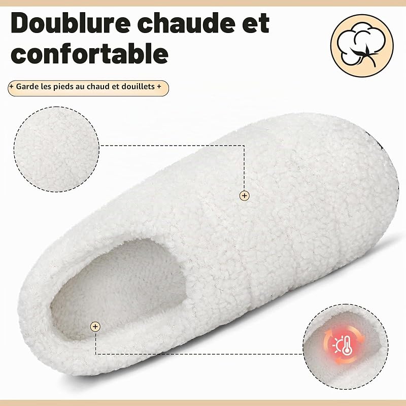 Chaussons Homme Femme Antidérapante Hiver Blanc 40/41EU