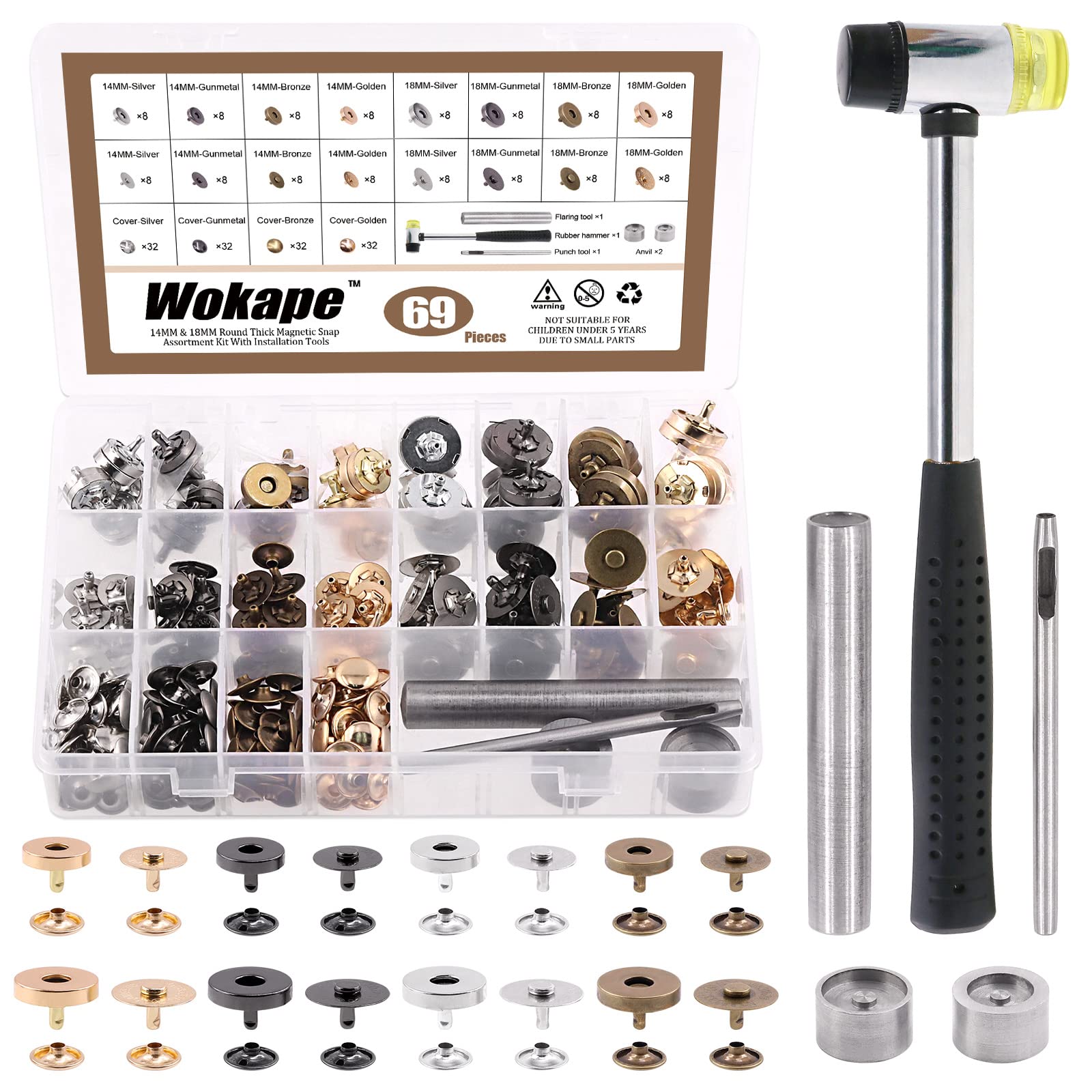Wokape 70 Sets Magnetic Button Sewing Clasps Snaps Fasteners (Assortment Kit 67Pcs) - 4 Colors 14mm and 18mm Round Strong Magnetic Button Clasps Snaps with Magnetic Button Tool and Hammer