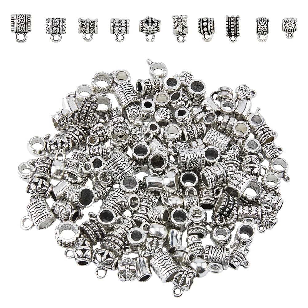 DICOSMETIC 140pcs Spacer Bail Beads 14 Styles Alloy Connector Bails Beads Antique Silver Loop Hanger Links for European Bracelet Necklace Jewelry Making, Hole: 1-2.7mm