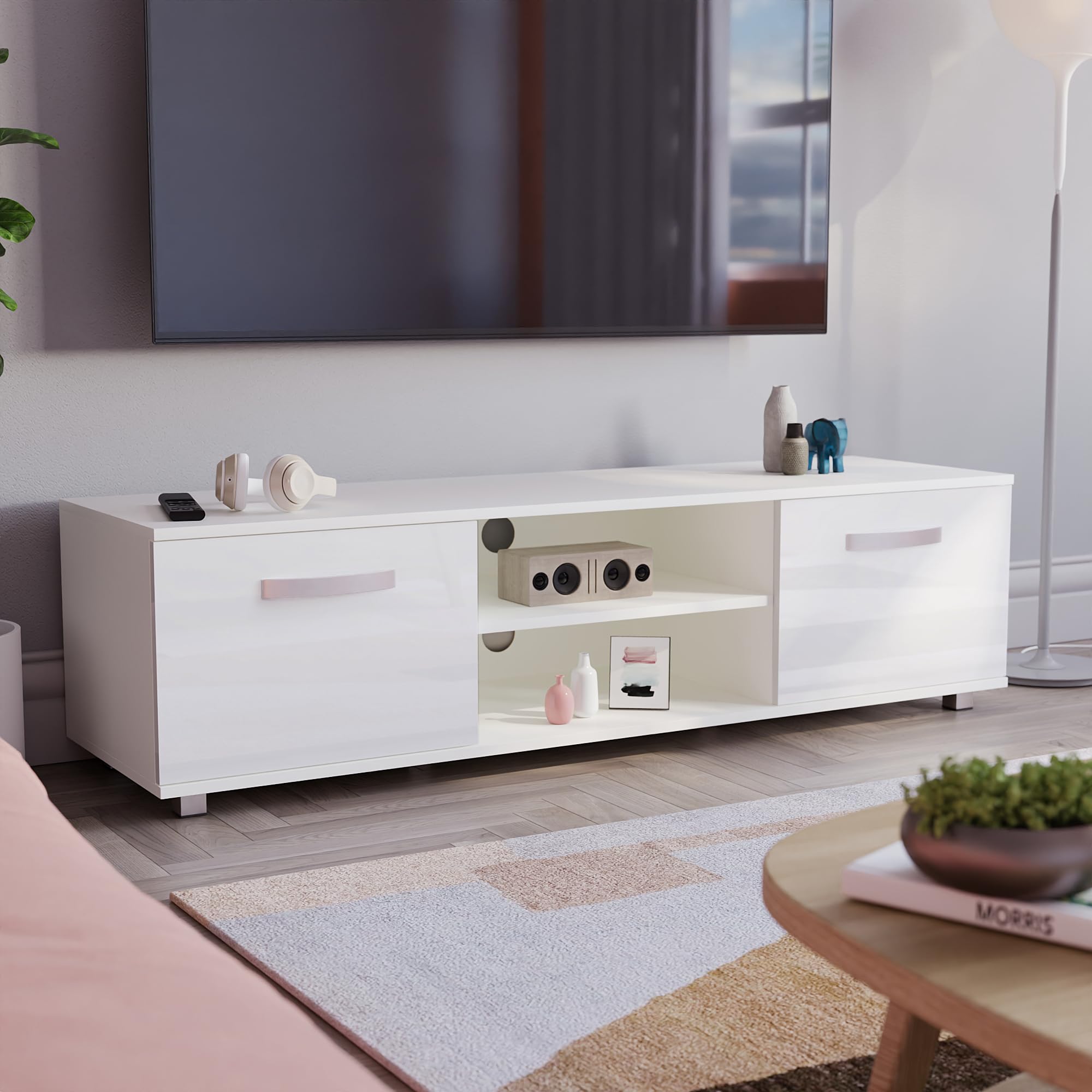 Vida Designs Cosmo TV Unit 2 Door Modern Gloss Matte MDF Living Room Cabinet Media Stand Furntiure White 140cm