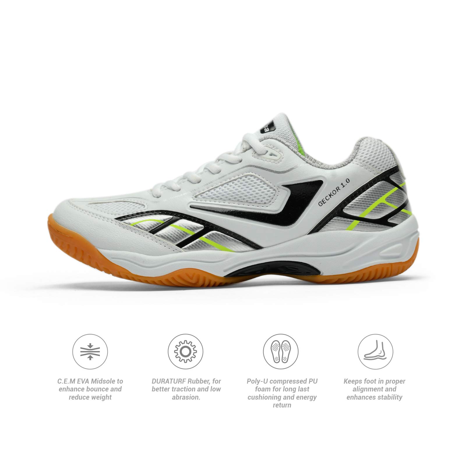 Jazba GECKOR 1.0 Badminton Racquetball Squash Volleyball Indoor Court Shoes for Men | Non Slip, Non Marking & Lightweight Sole | Superior Cushioning & Ankle Support (Euro 43/UK 9, White/Lime)