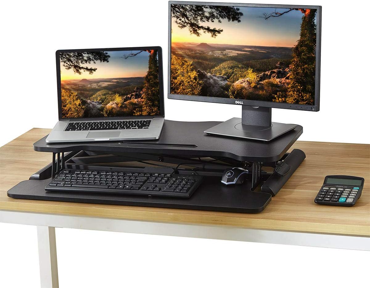 Standing Desk Converter with Height Adjustable – 32 inch Stand Up Desk, Sit Stand Tabletop Workstation Riser Fits Dual Monitors for Home and Office by HUVIBE : Office Products