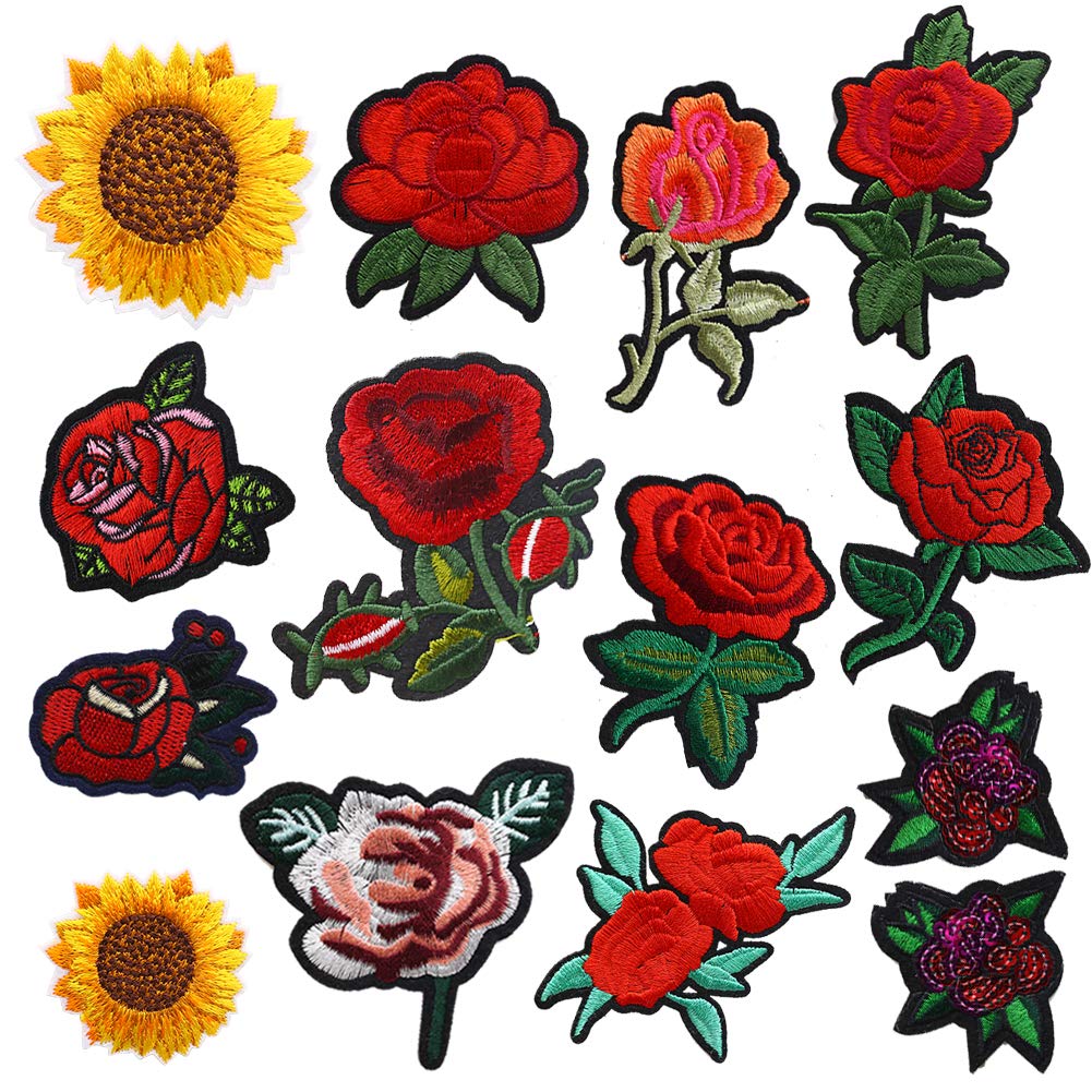 14PCS Flower Iron-on Patches, Embroidered Flower Rose Sew on Patch Applique Clothes Jackets Jeans Dress Hat DIY Accessory