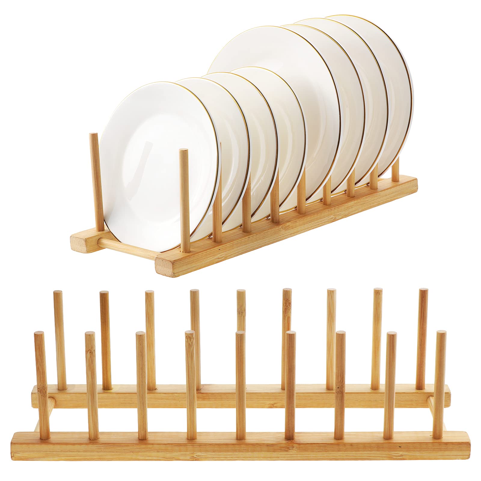 Kinsinder 2 Pcs Bamboo Dish Drainer Rack, Plate Rack Stand Pot Lid Holder, Bamboo Plate Stand Suitable for Storage CD Tableware Book Wine Glass