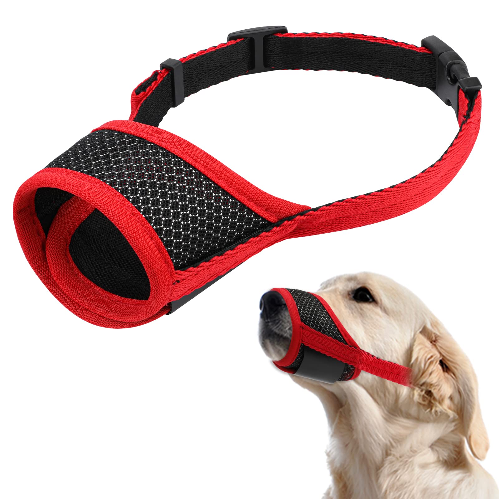 Dog Muzzle Breathable Mesh, Durable Dog Muzzle Guard, Nylon Dog Mouth Cover with Adjustable Loop, Dog Training Muzzle for Daily Behavior Training, Prevent for Biting Barking and Chewing (Red, M)