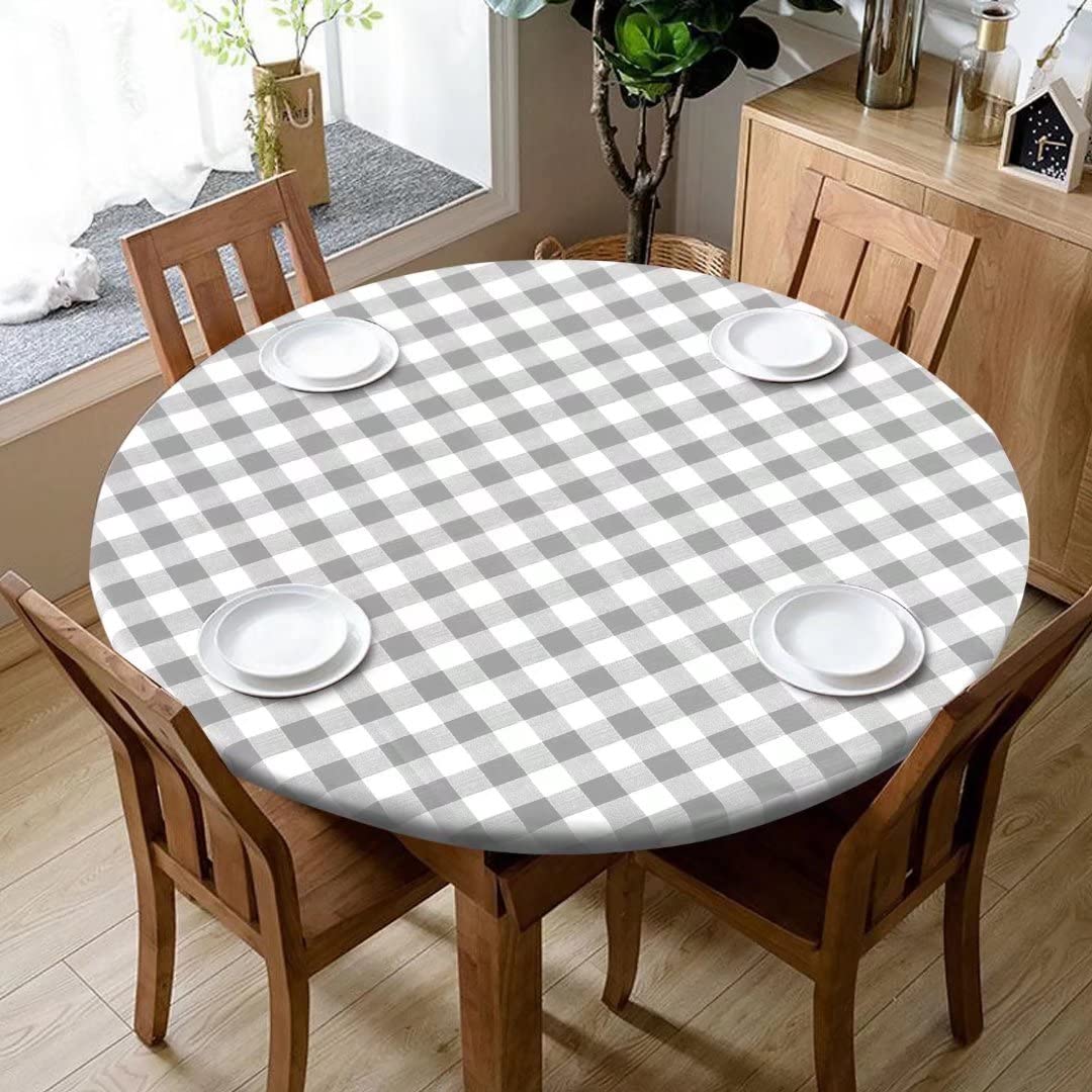 Photo 1 of Fitable Round Vinyl Fitted Table Cover - Waterproof Checkered Elastic Edged Tablecloth Flannel Backed Wipeable Table Cloth for Spring/Summer Picnic Party, Silver/White (Fit for 45"-56" Round Tables)