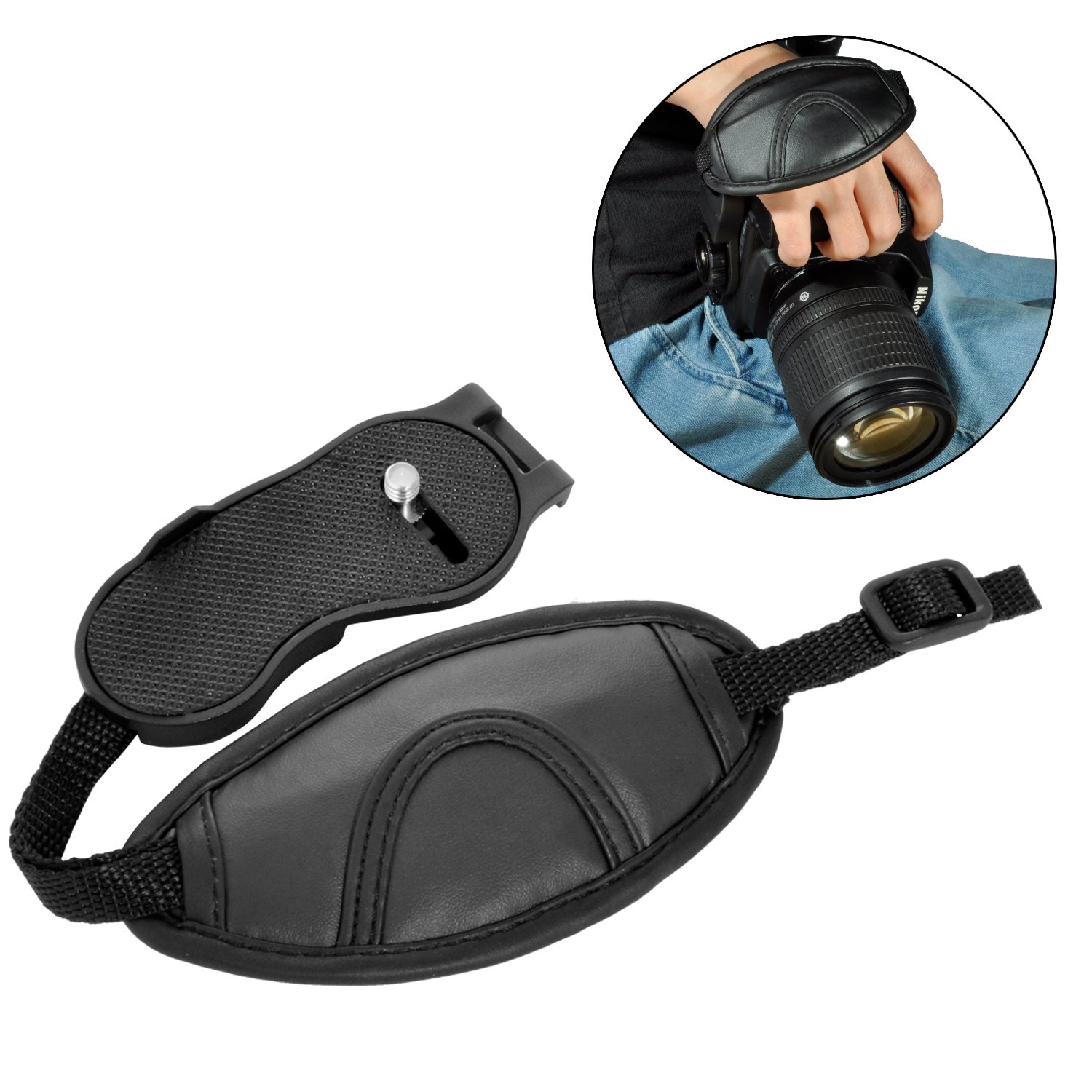 pangshi Universal Padded Leather Camera Hand Grip Wrist Strap with 1/4 inch Screw Mount Compatible with Canon EOS T5i T4i T3i 60D 70D 5D Nikon D7200 D7000 D600 D800 D90 Sony Olympus SLR DSLR Camera