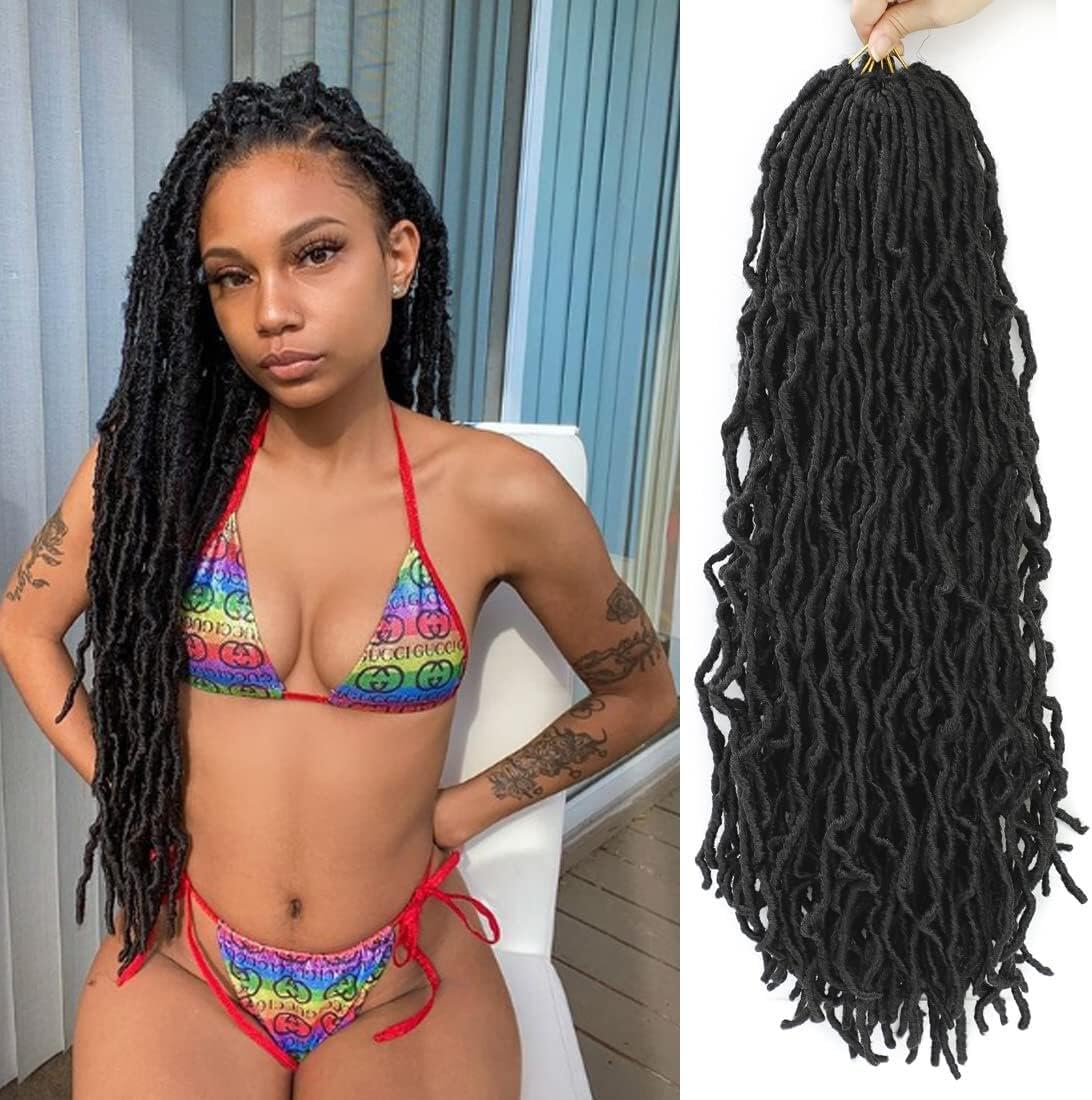 Faux Locs 18 Inch Crochet Hair New Soft Locs 6 Packs/Lot Curly Wavy Pre-Looped Faux Locs Goddess Synthetic Fiber Hair Extensions (18 INCH, 1B)