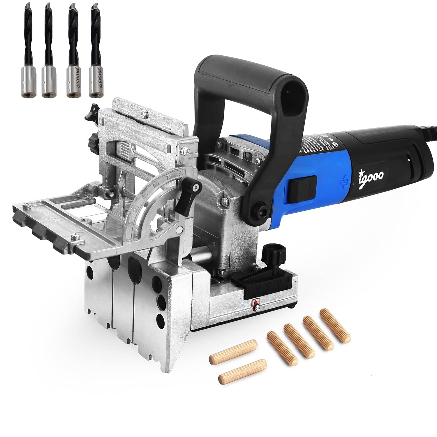 Photo 1 of igooo Dual-Spindle Doweling Jointer DJ710, 710W 120V 60Hz, Wood Plate Dowel Joiner, 2X8mm and 2X6mm Drilling Bits, 80 Dowels