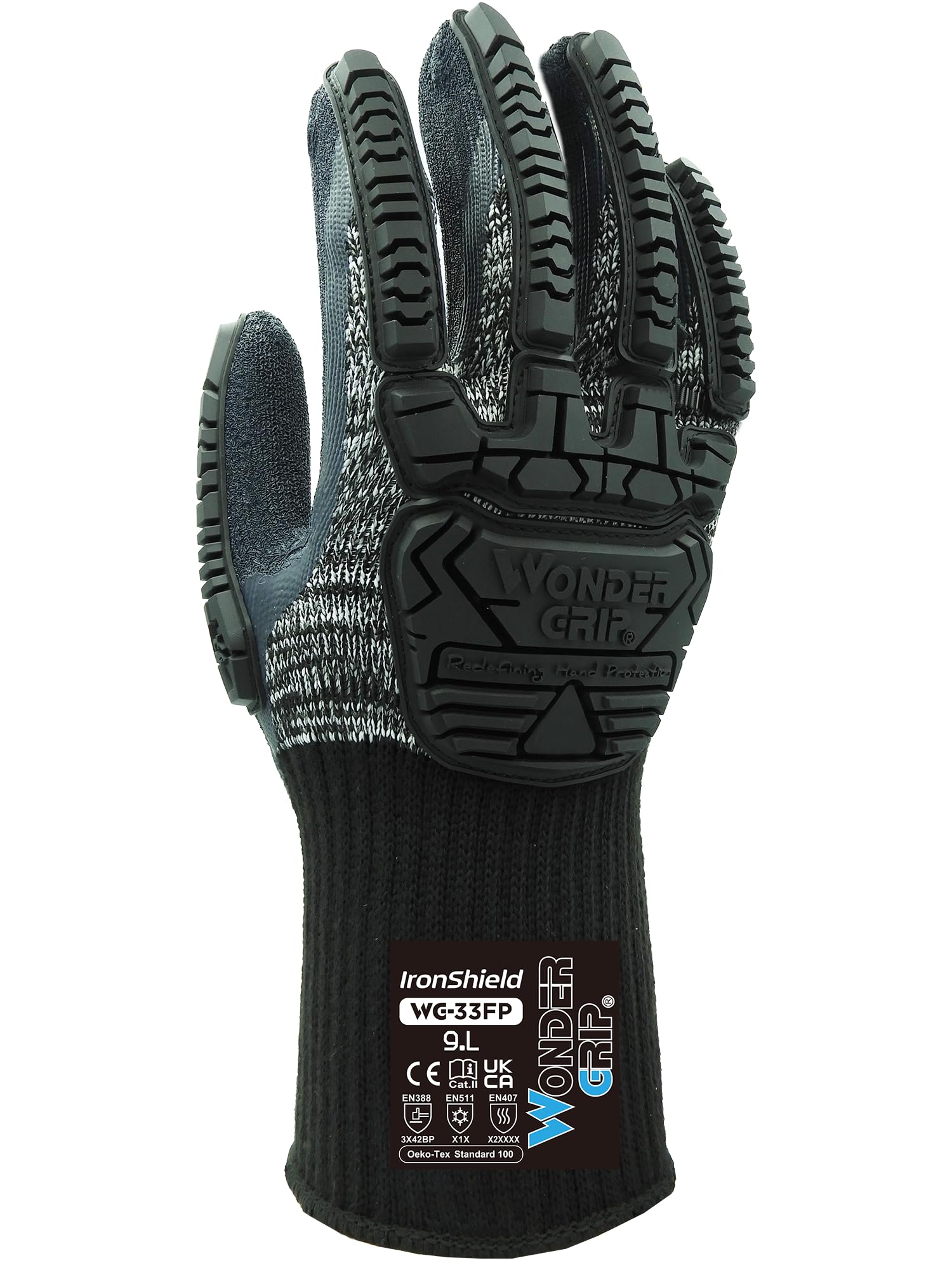 Wondergrip - Ironshield - WG-33FP Safety Gloves - Double Latex Coating - TPR Reinforcement - High Grip - Impact Protection - Heat & Cold Resistant - Durable - Grey - X Large