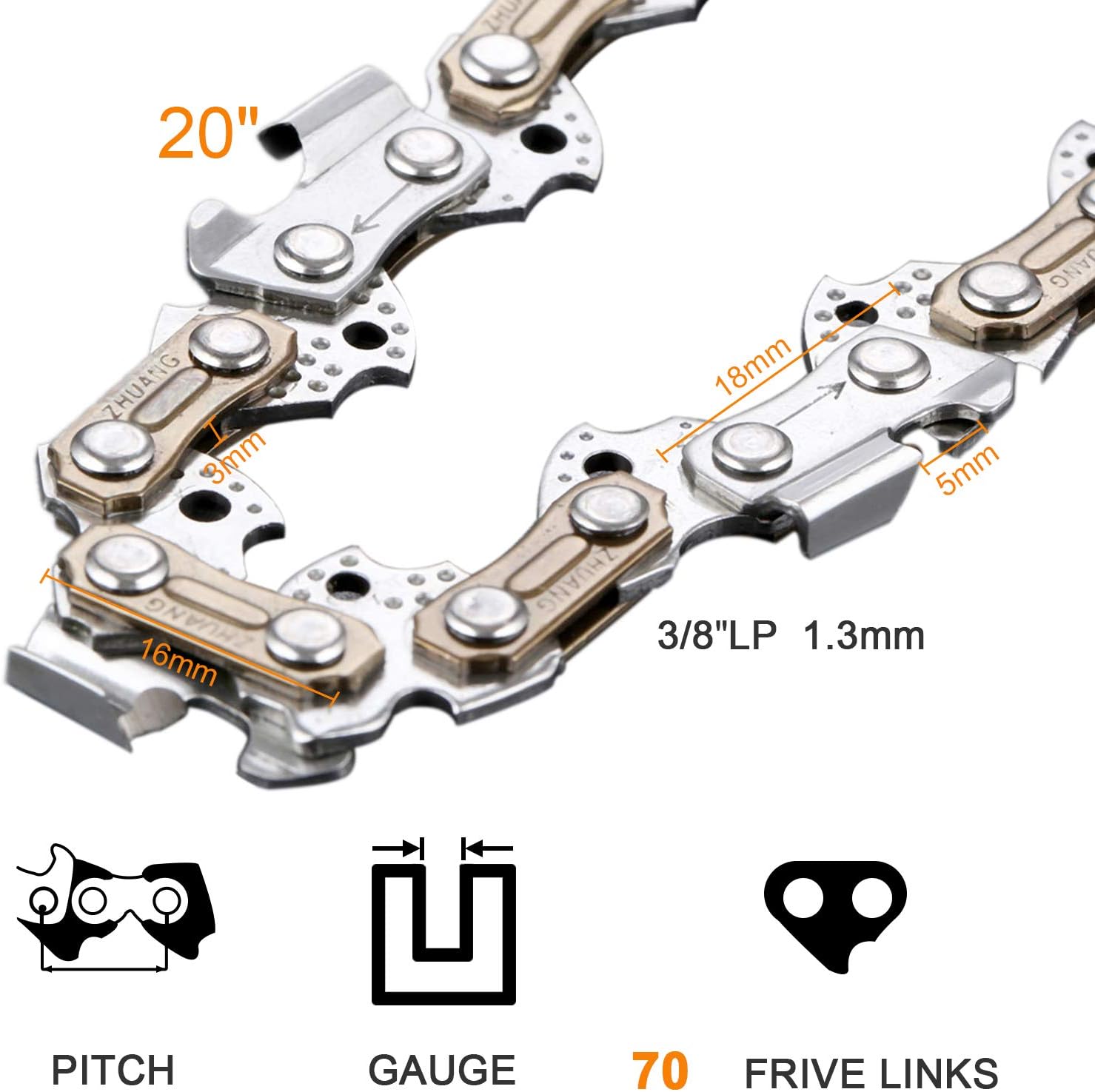 Hicello Chainsaw Chain for 20 Inch (50cm) Guide Bar, 70 Drive Links, 3/8" LP Pitch, 0.050" Gauge - Image 3