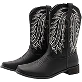 Searchers SC200917BKM Black Cowboy Boots for Men Square Toe Embroidered Western Boots Size Medium, 8/9