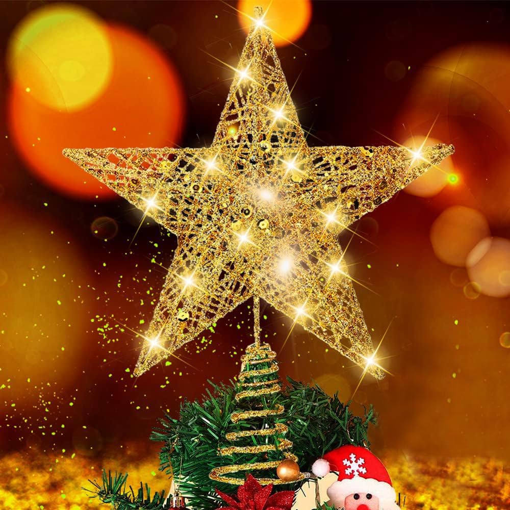 Christmas Tree Topper，Glittered Gold Star Tree Topper，Christmas Tree Decoration，Holiday Party Home Indoor Decororations
