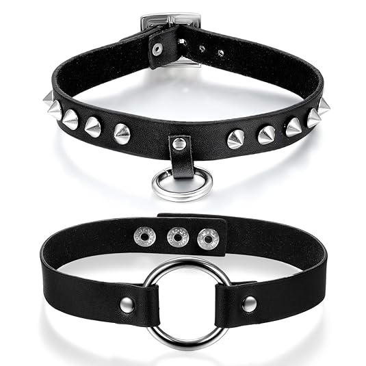 Cupimatch 2pcs Damen Choker Halskette Set, Leder schwarz einstellbar Kragen Halsband mit Spike Nieten Kreis, Gotik Punk Rock 