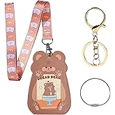 NEWEST Cute Bear ID Badge Holders with Lanyard Keychain Key Ring, PU Leather Luggage Tag for Suitcase with Metal Loop, Lovely Cartoon Animal ID Card Name Tag Identifier for Nurse Teacher Student Staff