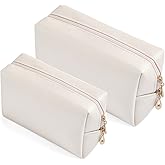 2pcc set PU Leather Cosmetic Bag for Women Minimalism Makeup Bag for Daily Use Portable Storage Purse Small Neat Cosmetic Pouch Water-resistant Toiletry Bag for Travel (Ivory White)