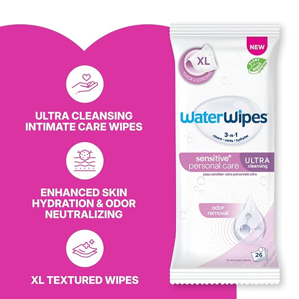 WATERWIPES SENSITIVE PERSONAL CARE ULTRA, INCONTINENCE WIPES, ODOR REMOVAL, HEAVY DUTY XL TEXTURED WIPES, FRAGRANCE FREE, 156 COUNT (6 PACKS)