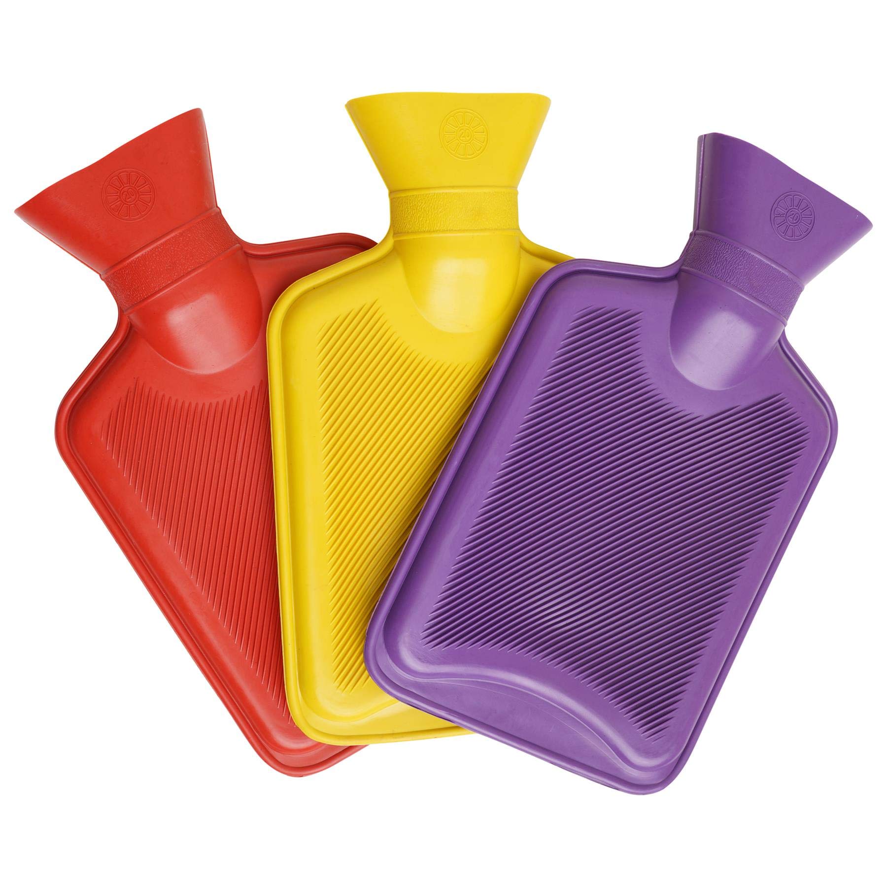 Pack of 3 Mini Hot Water Bottles - Natural Rubber 1 Litre Capacity - 3 Colours in Pack (Red, Yellow and Purple)