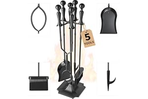 AMAGABELI GARDEN & HOME 5 Pcs Fireplace Tools Set 31" Wrought Iron Handle Large Fire Tool Set and Holder Indoor Outdoor Fireset Fire Pit Stand Poker Shovel Brush Wood Stove Log Tongs Accessories