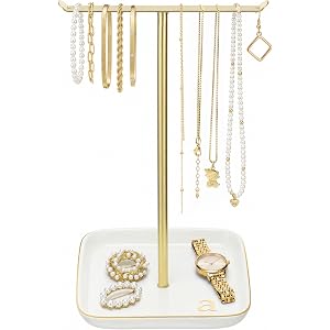 Novabright Jewelry Holder Stand with Ceramic Tray, 13" Tall T Bar Organizer Rack White Gold Display Storage Necklace Ring (A)