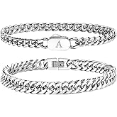 FLHEART Stainless Steel Initial Bracelets for Men, 2 Pcs A-Z Letter Silver Mens Bracelet with Initial, Stylish Non Tarnish Cuban Link Chain for Boyfriend Men Jewelry Gifts