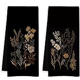 WOTYPU Dark Floral Botanical Kitchen Towels, Vintage Moody Wildflower Dish Tea Towels, Dark Cottagecore Flower Plant Decorative Hand Towel for Bathroom, 16x24 Inch Set of 2