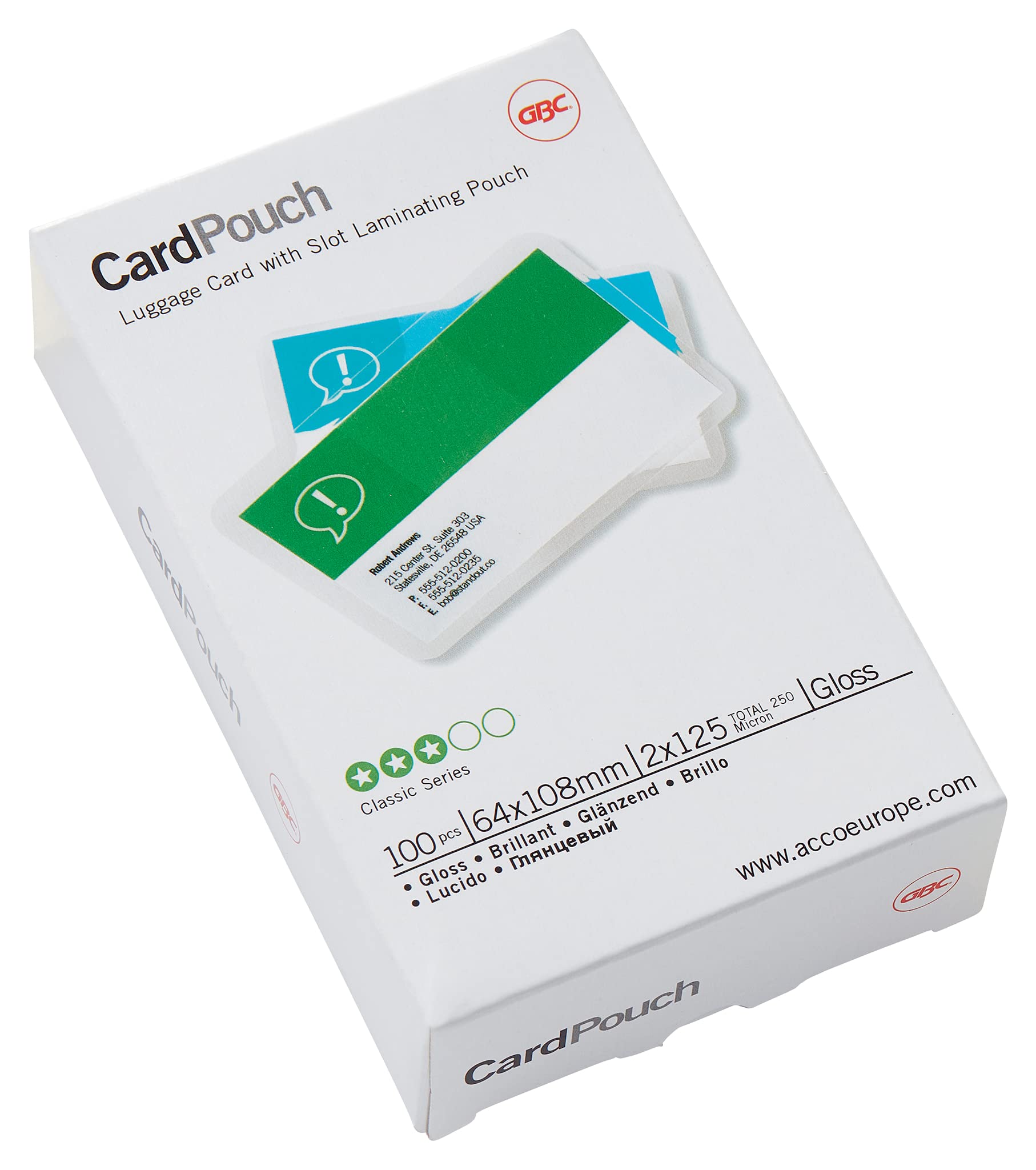 GBC 3740433 Gloss Card Laminating Pouches, Pack of 100,Transparent,64x108mm 2x125 Micron
