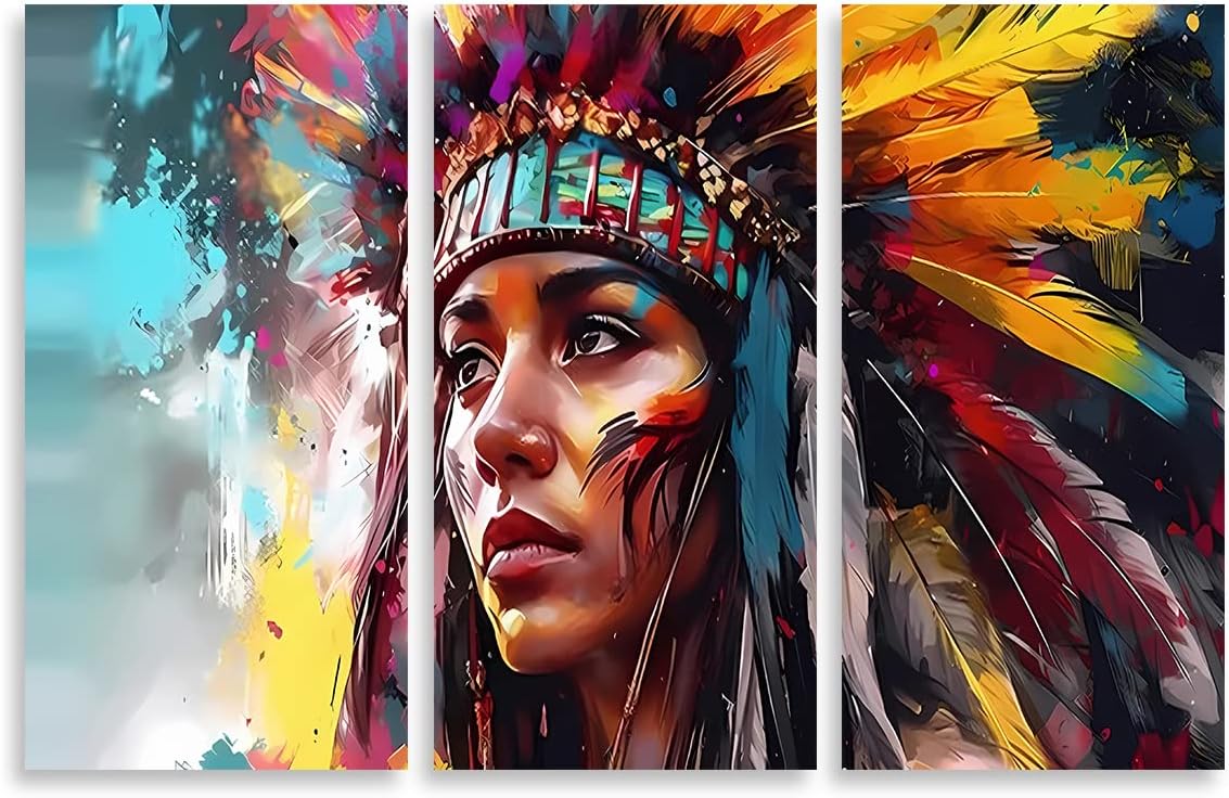 Paintings - Native American Indian Girl Wall Art,Women Canvas Poster,Abstract Painting Modern Home Decor,8x16inches Unframed Canvas Set of 3