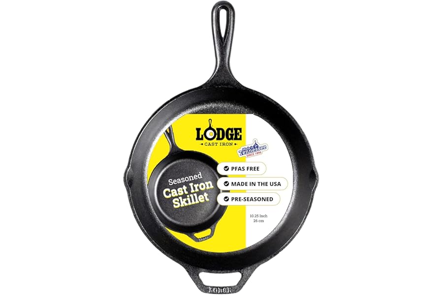 Lodge Seasoned Cast Iron Skillet - PFAS-Free, Non-Toxic Cookware - Use with an Oven, Stove, Grill, or Campfire - Naturally No Book