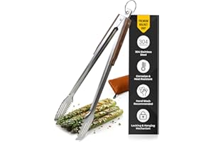 BOXIKI KITCHEN 17-Inch Grill Tongs for Outdoor Grilling - Heavy Duty Stainless Steel Tongs with Luxurious Walnut Grip & Premium Gift Pouch - Extra Long BBQ Tongs for Grilling, Smoker & Outdoor Cooking