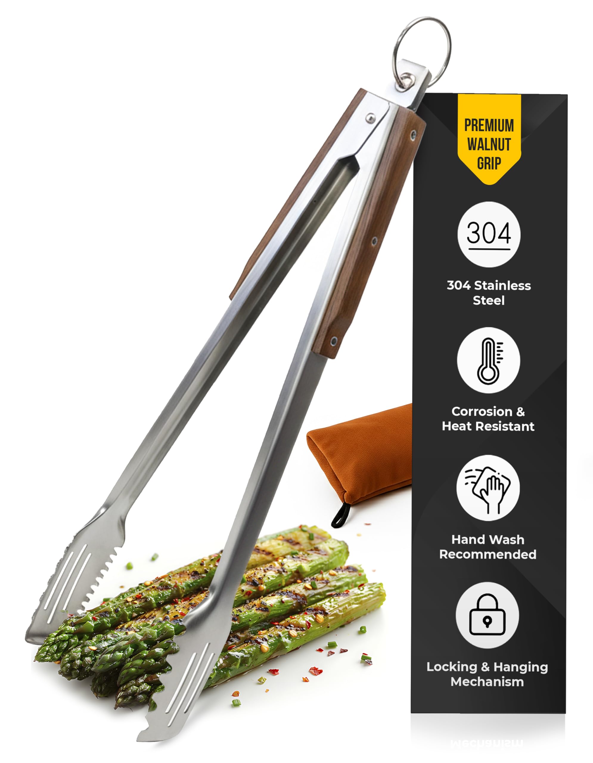 Photo 1 of 17-Inch Grill Tongs for Outdoor Grilling - Heavy Duty Stainless Steel Tongs with Luxurious Walnut Grip & Premium Gift Pouch - Extra Long BBQ Tongs for Grilling, Smoker & Outdoor Cooking