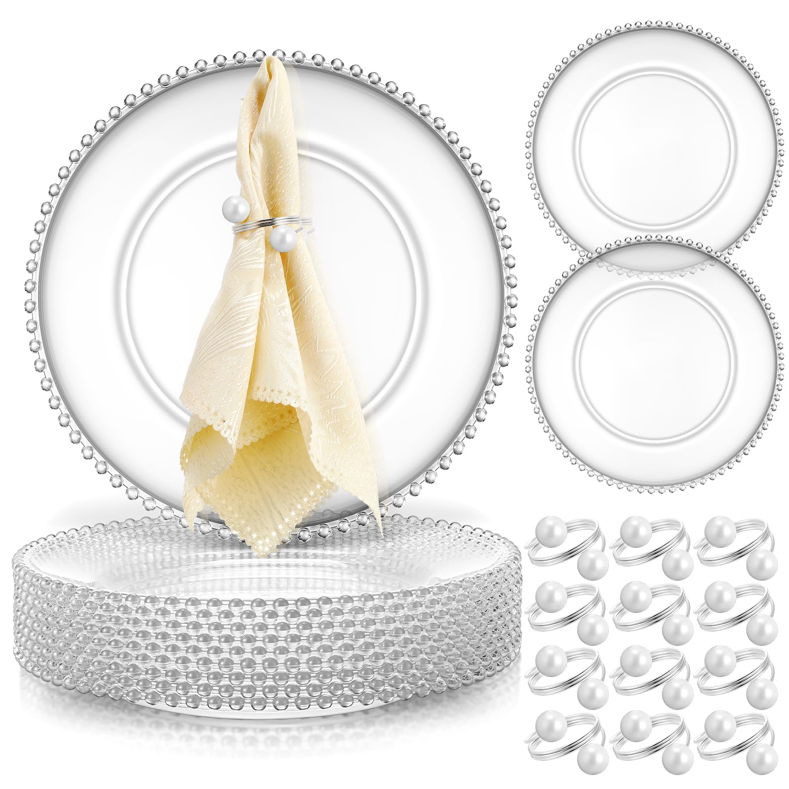 Photo 1 of Tioncy 12 Set Clear Charger Plates Bulk Beaded Plastic Charger Plates 13 Inch, Napkin Rings, Acrylic Round Dinner Table Decorative Plate for Wedding Party Event (Clear and Silver)