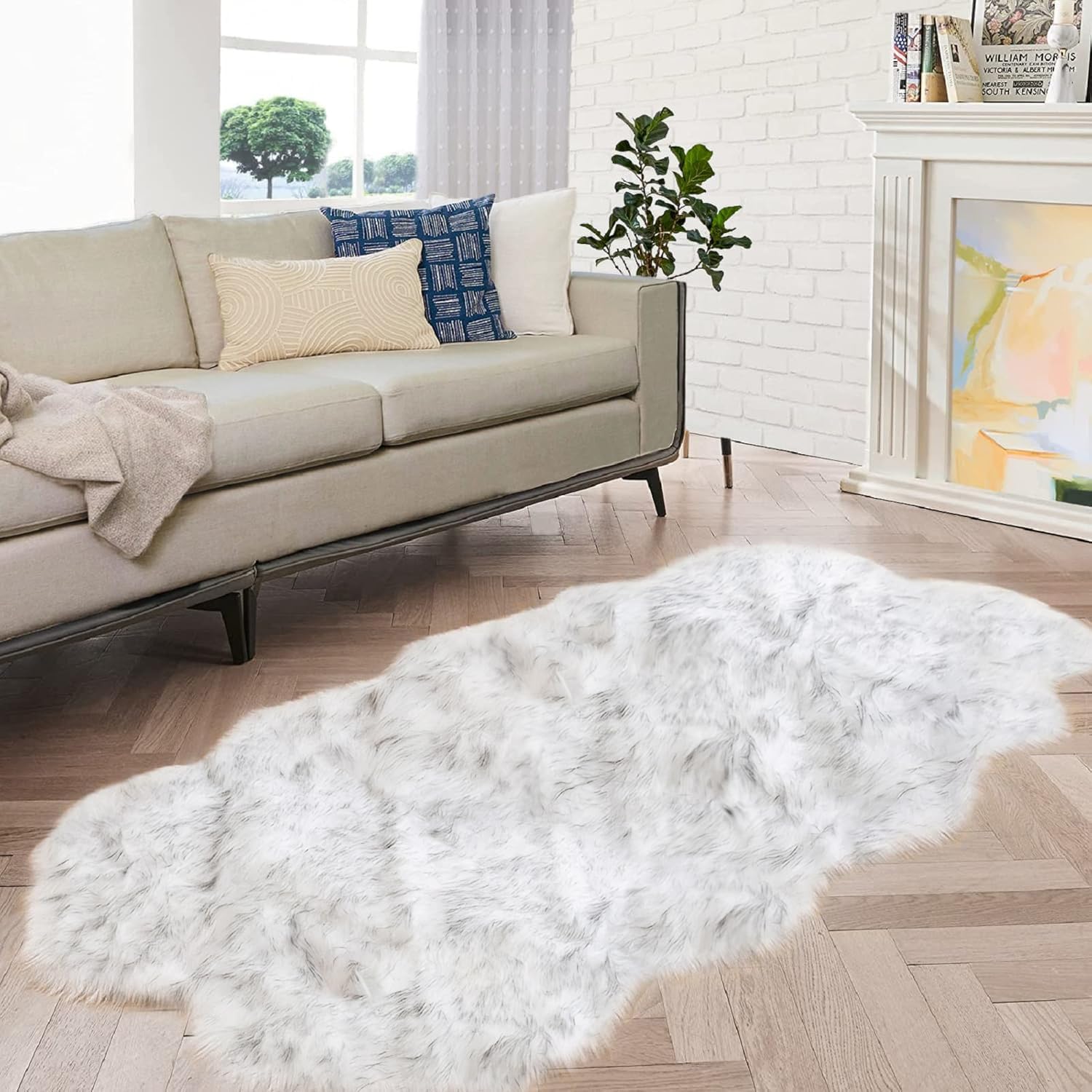Photo 1 of ***(HEAVILY USED/ MINOR DAMAGE)***ORINOVA White and Grey 4X6 Faux Sheepskin Shag Fur Runner Rugs for Living Room Bedroom Fluffy Washable Furry Area Rug Nursery Teen Room Décor