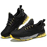 SPIEZ Composite Toe Shoes for Men Women, Lightweight Breathable Non Steel Toe Safety Shoes, Puncture Proof Slip Resistant Work Sneakers Black Blue/Black Yellow US5-12