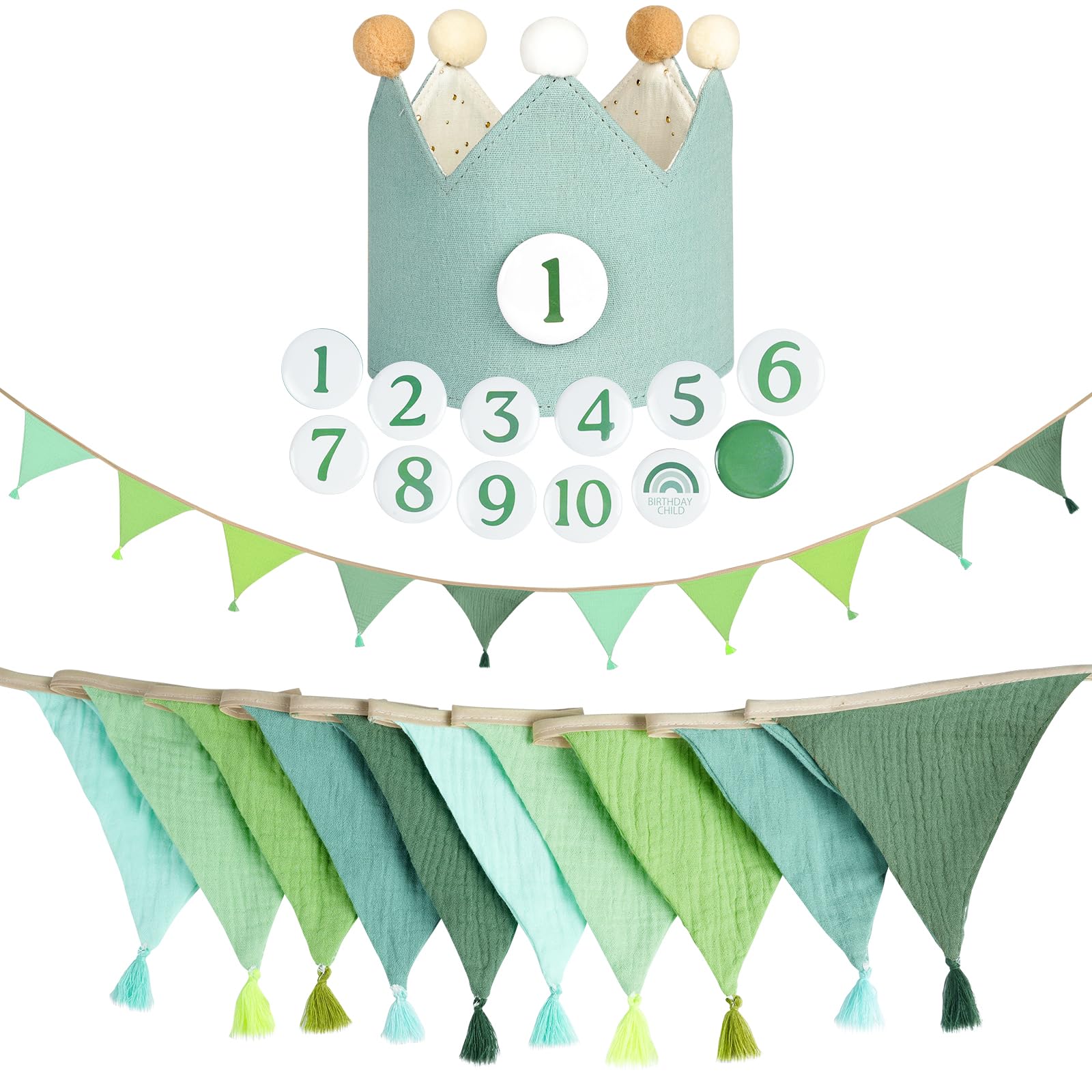 Alaoo Fabric Bunting Banner,Triangle Garland Flags with Tassels,Birthday Crown for Kids,Interchangeable Number from 1 to 10 for Birthday,Wedding,Baby Shower,Party Festivals Decoration(Green) — image 1