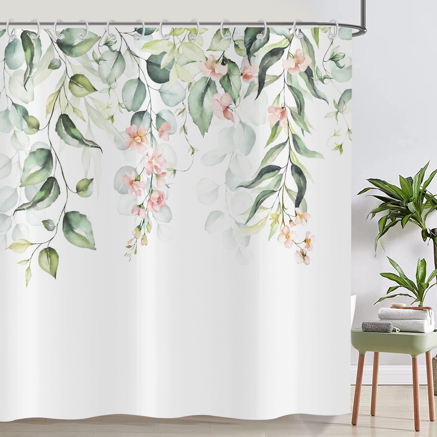 ASDCXZ Flower Shower Curtain 180x200 cm, Spring Simplicity Rose Flower Green Leaves White Bath Washable Shower Curtains Polyester Textile Waterproof Bath Curtain for Bathtub with 12 Hooks — image 1