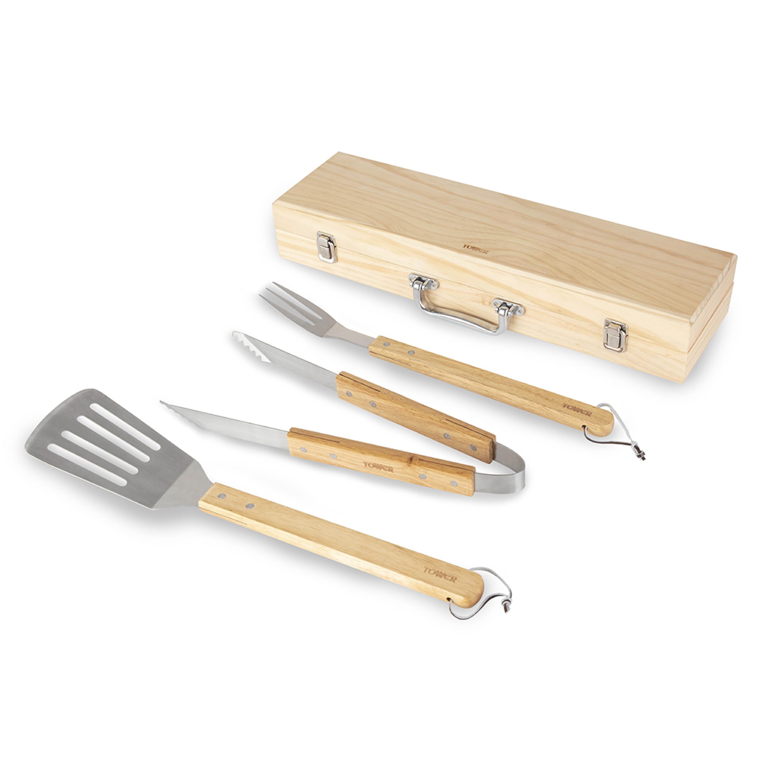 Tower T932005 BBQ 4 Piece Tool Set with Wooden Handles and Carry Case, Stainless Steel