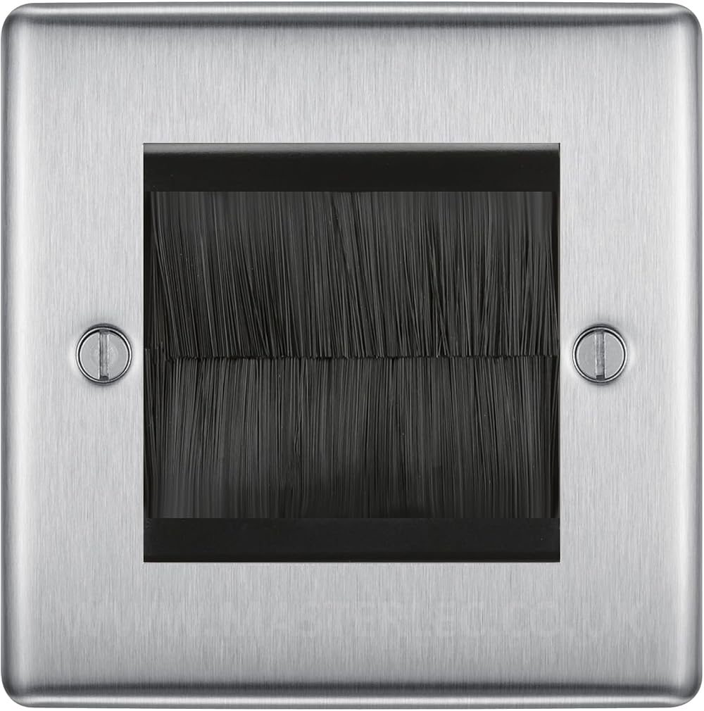 BG Brushed Steel Single 2 Gang Brush Cable Entry Wall Plate Black Insert Square